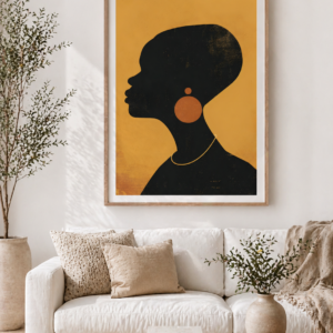 Modern African Woman Silhouette Wall Art Print | Abstract Portrait Poster | Bold Minimalist Black & Ochre Decor | Contemporary Boho Art